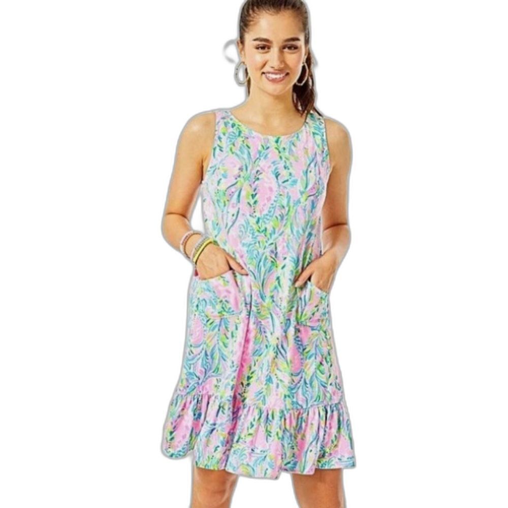 Lilly Pulitzer Kristen Flounce Dress Size XS Pink & Blue Unicorn of the Sea